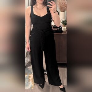 By Anthropologie Black The Essential Jumpsuit Size 8 With Tie Waist And Wide Leg